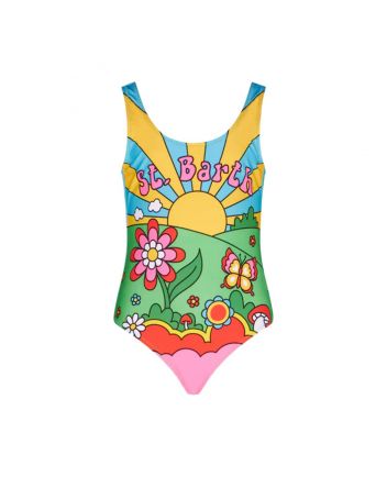 Girl One Piece Swimsuit With Multicolor Landscape Print