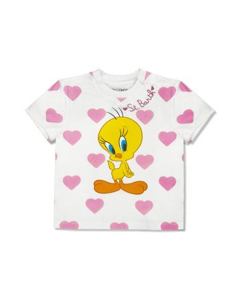 Girls White Heart-Print Cotton T-Shirt