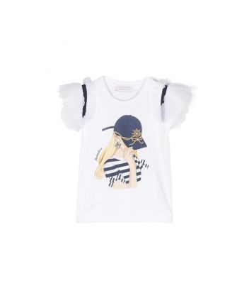 Girls White Graphic Print Tulle Sleeve T-Shirt