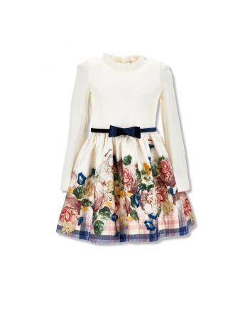 Girls Ivory Brocade Dress With Baroque Rose Pattern