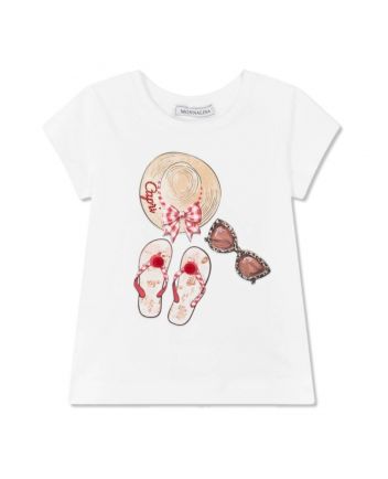 Girls White Graphic Print Cotton T-Shirt