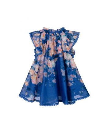 Girls Blue Cotton Floral Dress