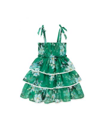 Girls Green Cotton Tiered Dress