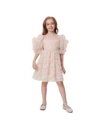 Balloon Sleeves Sequins Embroidered Dress, beige