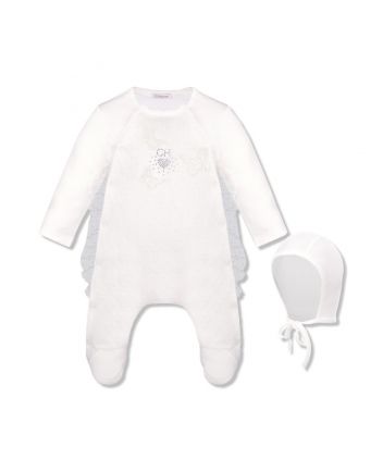 Lace Butterfly Decorated Set ( Overall and Bonnet ) , ecru