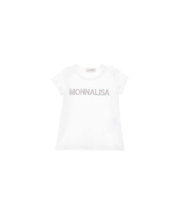 Girls White Cotton T-Shirt With Rhinestone Logo