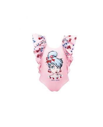 Girls Pink Tinkerbell Stretch Swimsuit With Ruffles