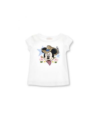 Girls White Minnie Print Half Sleeves T-shirt