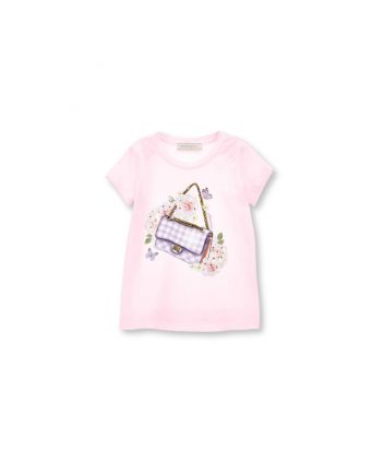 Girls Pink Bag-Print T-shirt with Rhinestones