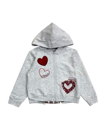 Girls Grey Heart-Motif Zip-Up Hoodie