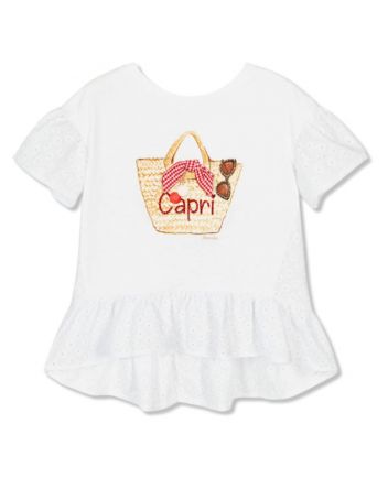 Girls White Jersey & Broderie Anglaise Top