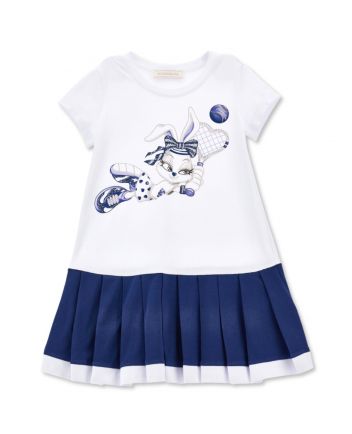 Girls White & Blue Dress with Glam Print