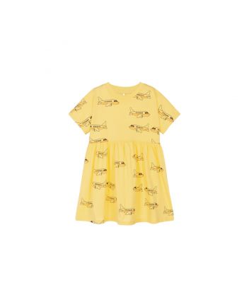 Girls Yellow Airplane Flared Cotton Dress