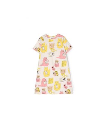 Girls Ivory Cotton Cats & Books Print Dress