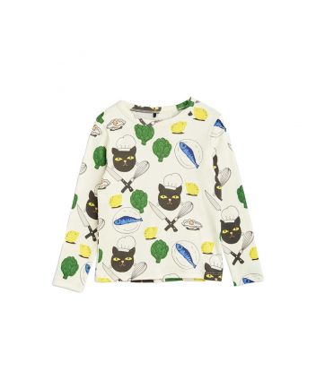 Girls White Chef Cat Print Full Sleeves T-Shirt