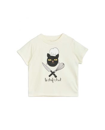 Girls White Chef Cat Print Half Sleeves T-Shirt