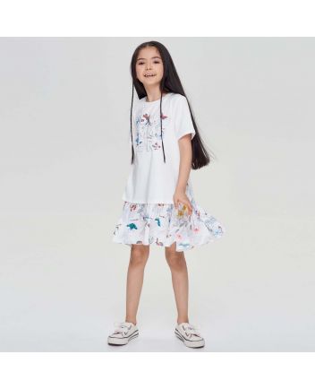 Combined Printed Dress,Print On Ecru