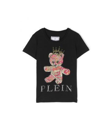 Girls Black Crystal-Embellished Teddy Print T-shirt
