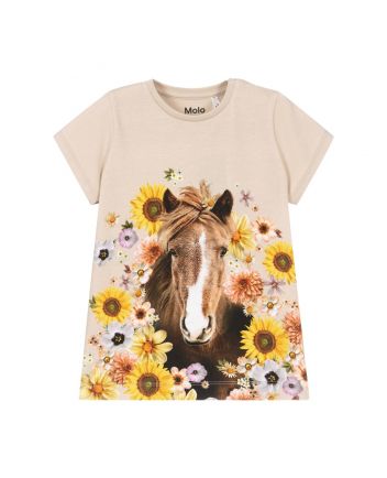 Girls Beige Horse Print T-Shirt