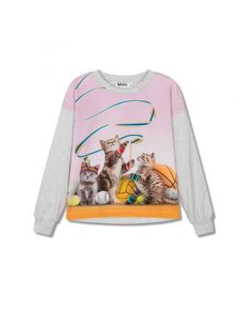 Girls Grey & Pink Cotton Cat-Print T-Shirt