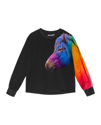 Girls Black Rainbow-Horse Print T-Shirt