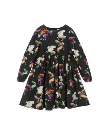Girls Black Viscose Pegasus Print Dress