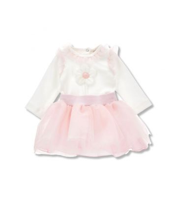 Baby Girls White & Pink Skirt Set With Applique Flower