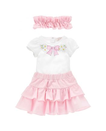 Baby Girls White & Pink Skirt Set With Headband