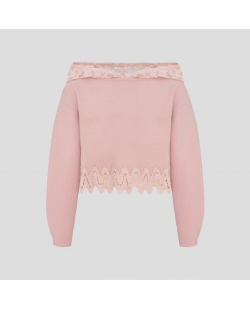 Velour Effect Lace Decorated Footer Sweatshirt, powdery
