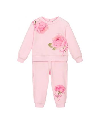 Baby Girls Pink Rose Print Cotton Tracksuit