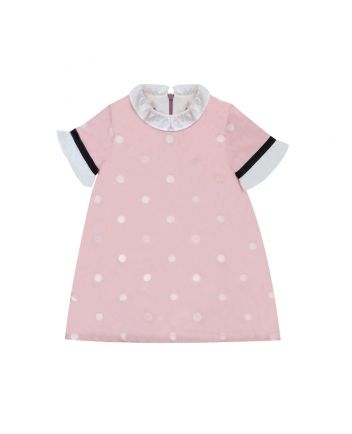 Pink A-Line Dress with White Polka Dots & Frilled Sleeves and Neck