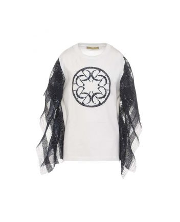 White Logo Sequin Embroidered Top with Black Frilled Sleeves