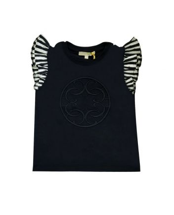 Black Logo Embroidered Top with Black & White Frilled Sleeves