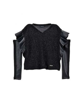 Girls Black Metallic-Threading Panelled Top with Sleeves
