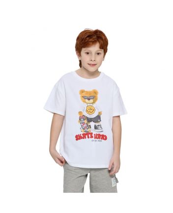 Boy White Printed Bear T-Shirt