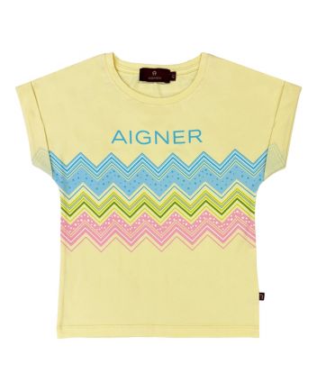 Girls Yellow Cotton Zigzag-Print T-Shirt