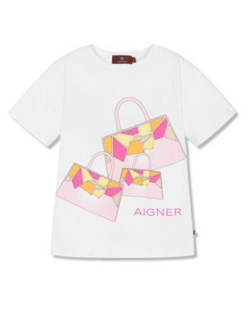 Girls White Cotton Handbag-Print T-Shirt