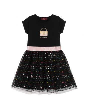 Girls Black Cotton & Tulle Dress