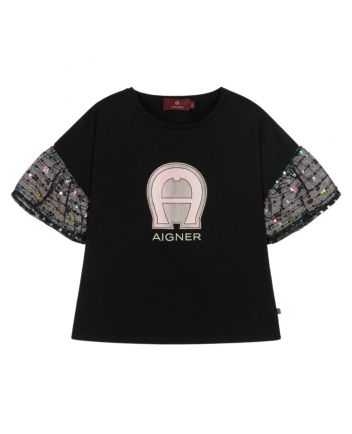Girls Black Cotton & Tulle Sleeves T-Shirt