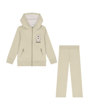 Girls Beige Teddy Bear Logo-Patch Tracksuits
