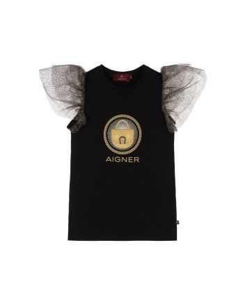 Girls Black Logo & Gold Tulle Top