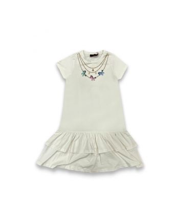 Girls Ivory Cotton Logo Ruffle Dress