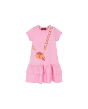 Girls Pink Handbag Print Cotton Dress