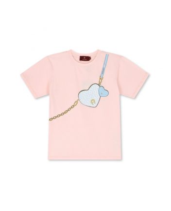 Girls Pink Cotton Handbag-Print T-Shirt