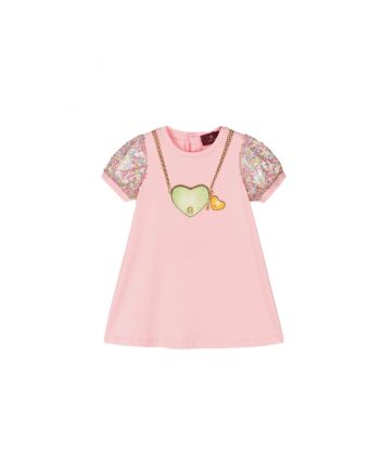 Girls Pink Cotton Sequined Sleeve Dress