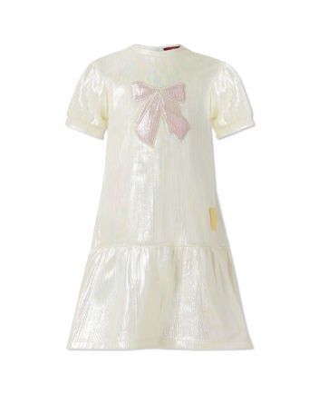 Baby Girls White Metalic Bow-Patch Dresses