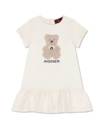 Baby Girls White Teddy Bear Logo-Patch Dresses