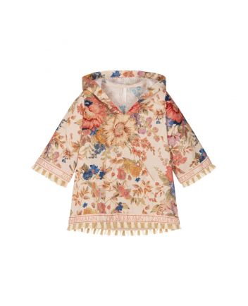 Girls Pink Floral & Tassel Cotton Beach Kaftan