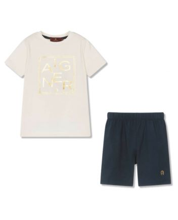 Boys Ivory & Blue Logo-Print Short Set