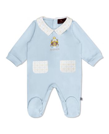 Baby Boys Blue Logo Romper With 2 Pockets